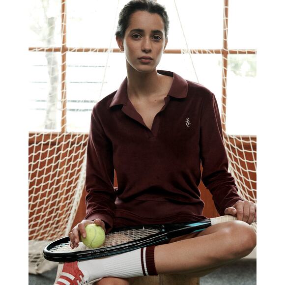 Sporty and Rich NWT Velour Longsleeve Polo Top Merlot Medium - Picture 1 of 12
